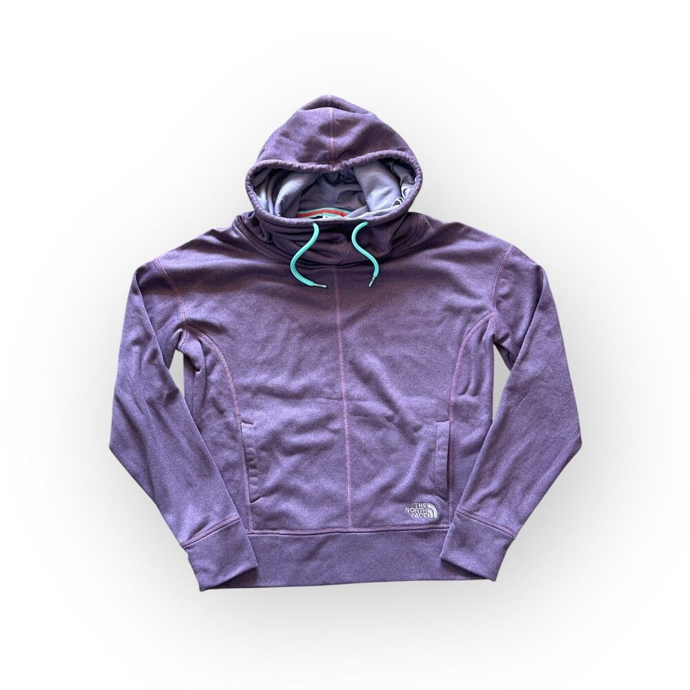 The North Face Womens Purple Cowl Scuba Neck Hooded Sweatshirt Thumbholes Sz Med